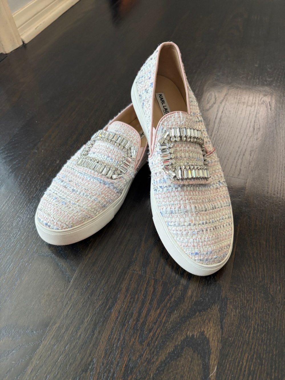 Karl Lagerfeld Ermine Tweed Slip-On Sneakers Crystal Embellishment Size 10